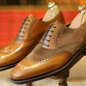 Handmade Brown Tan Leather Suede Wing Tip Shoe - leathersguru