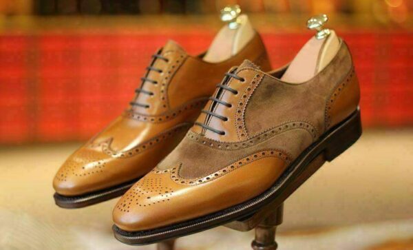 Handmade Brown Tan Leather Suede Wing Tip Shoe - leathersguru