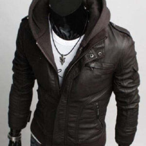 Men's Leather Dark Brown Jackets Korean Style Casual Slim Fit Men fabric hooded jacket - leathersguru