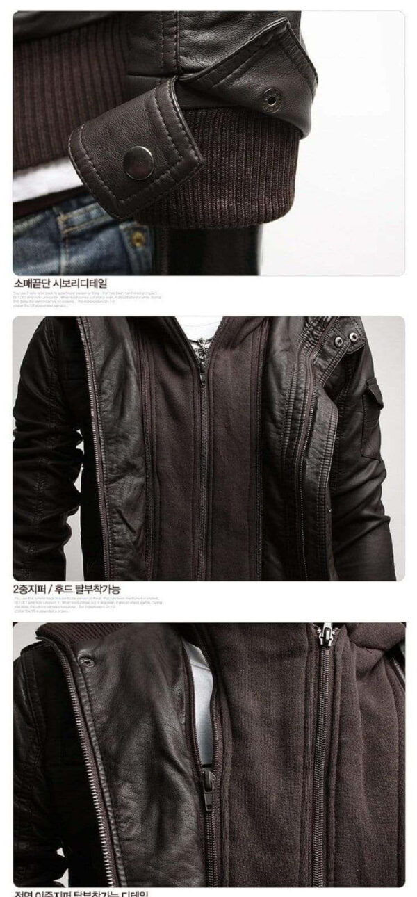 Men's Leather Dark Brown Jackets Korean Style Casual Slim Fit Men fabric hooded jacket - leathersguru