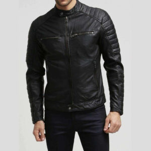 Men's  Black Stylish Slim Fit Genuine Lambskin Real Leather Biker Jacket - leathersguru