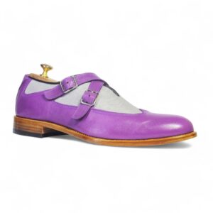 Men's Purple Gray Monk Straps Leather Denim Shoe - leathersguru