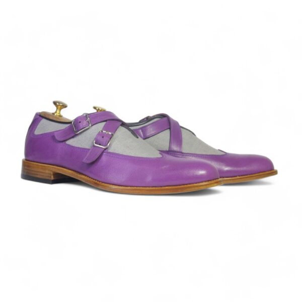 Men's Purple Gray Monk Straps Leather Denim Shoe - leathersguru