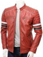 Men's Red Color Black White Striped Leather Biker Jacket, Men genuine leather jacket for men - leathersguru