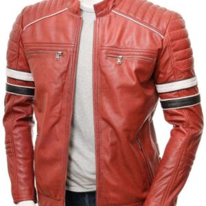 Men's Red Color Black White Striped Leather Biker Jacket, Men genuine leather jacket for men - leathersguru