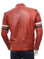 Men's Red Color Black White Striped Leather Biker Jacket, Men genuine leather jacket for men - leathersguru