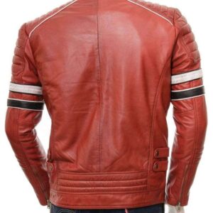 Men's Red Color Black White Striped Leather Biker Jacket, Men genuine leather jacket for men - leathersguru