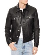 Men's Slim fit Black Trucker Leather Jacket, Men's genuine leather jacket for men's - leathersguru