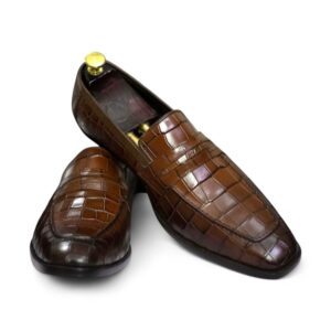 Men's Stylish Alligator Texture Handmade Penny Loafer Shoes , Men's Brown Shoes