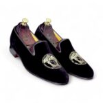 Men's Stylish Embroidery Patches Pure Black Velvet Handmade Shoes