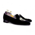 Men's Stylish Embroidery Patches Pure Black Velvet Handmade Shoes