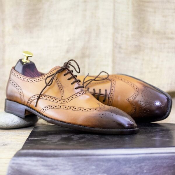 Men's Tan Lace Up Leather Wing Tip Shoes, Hand Painted Shoes, Dress Shoes