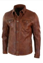 Mens Vintage Distressed Brown Leather Shirt Jacket, Genuine Biker Jacket - leathersguru