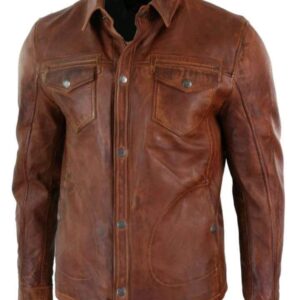 Mens Vintage Distressed Brown Leather Shirt Jacket, Genuine Biker Jacket - leathersguru