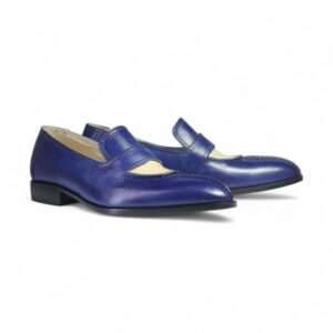 Men's White Blue Split Toe Leather Loafers - leathersguru