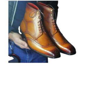 Mens Wing Tip Brogue Square Toe Ankle Boots, Men Tan Dress Boots