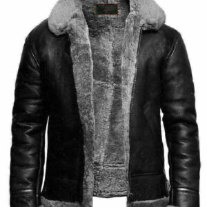 Mens Aviator RAF B3 Black Bomber Fur Shearling Collar Sheepskin Leather Jackets