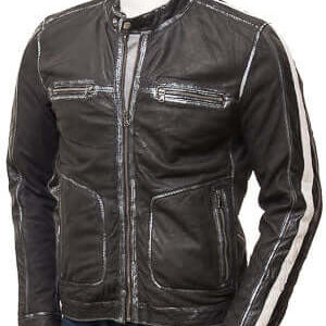 Mens Biker Vintage Motorcycle Quilted Distressed Black, White Strip Leather Jackets