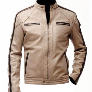 Mens Brown Stripped Beige Biker Leather Jacket