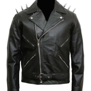 Men's Classic Leather Biker Jacket Black Studs on Shoulders