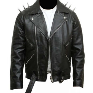 Men's Classic Leather Biker Jacket Black Studs on Shoulders