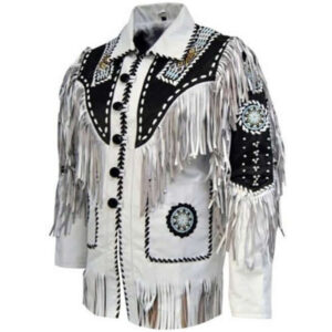 Mens Cowboy Suede Leather Jacket Western Coat Fringes Beads, Cowboy Jacket