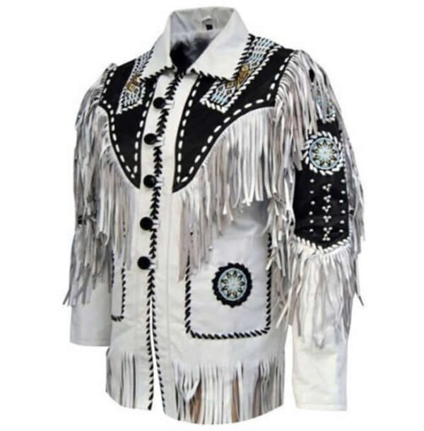 Mens Cowboy Suede Leather Jacket Western Coat Fringes Beads, Cowboy Jacket