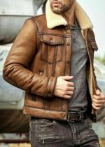 Mens RAF B3 Bomber Flight Aviator Sheepskin Leather Jacket Denim style with Fur