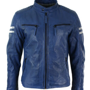 Mens Slim Fit Real Leather Biker Racing Jacket Blue Stripes Vintage jacket