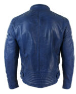 Mens Slim Fit Real Leather Biker Racing Jacket Blue Stripes Vintage jacket