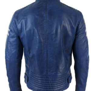 Mens Slim Fit Real Leather Biker Racing Jacket Blue Stripes Vintage jacket