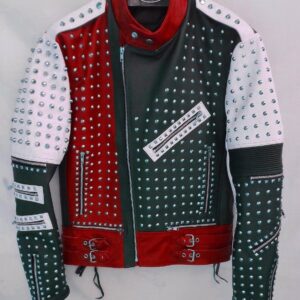 Multi Color Biker Studded Leather Coat Jacket with Adjustable Waist Belted Strap