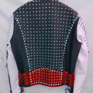 Multi Color Biker Studded Leather Coat Jacket with Adjustable Waist Belted Strap