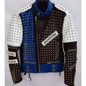 Multi Color Full Studded Biker Leather Jacket with Adjustable Waist Belted Strap