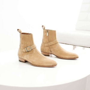 Handmade Men's Ankle High Beige Suede Jodhpurs Side Zipper Boot - leathersguru