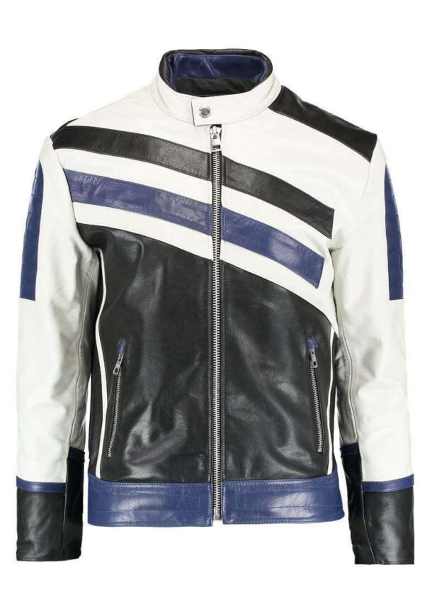 Men's Genuine Lambskin Leather Navy White Classic Jacket - leathersguru