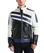 Men's Genuine Lambskin Leather Navy White Classic Jacket - leathersguru