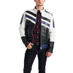 Men's Genuine Lambskin Leather Navy White Classic Jacket - leathersguru