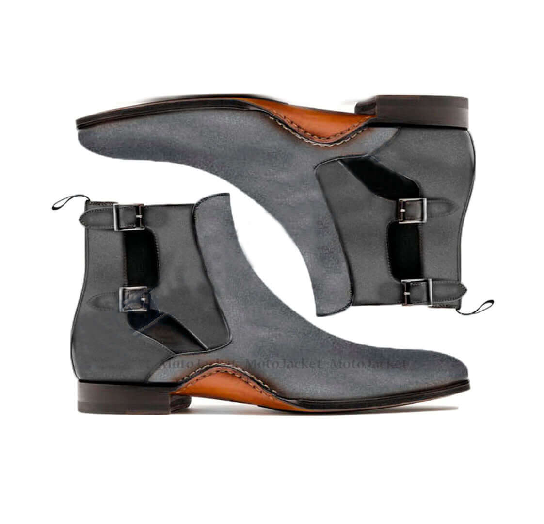 Bespoke Gray Suede Ankle Double Monk Strap Boot - leathersguru