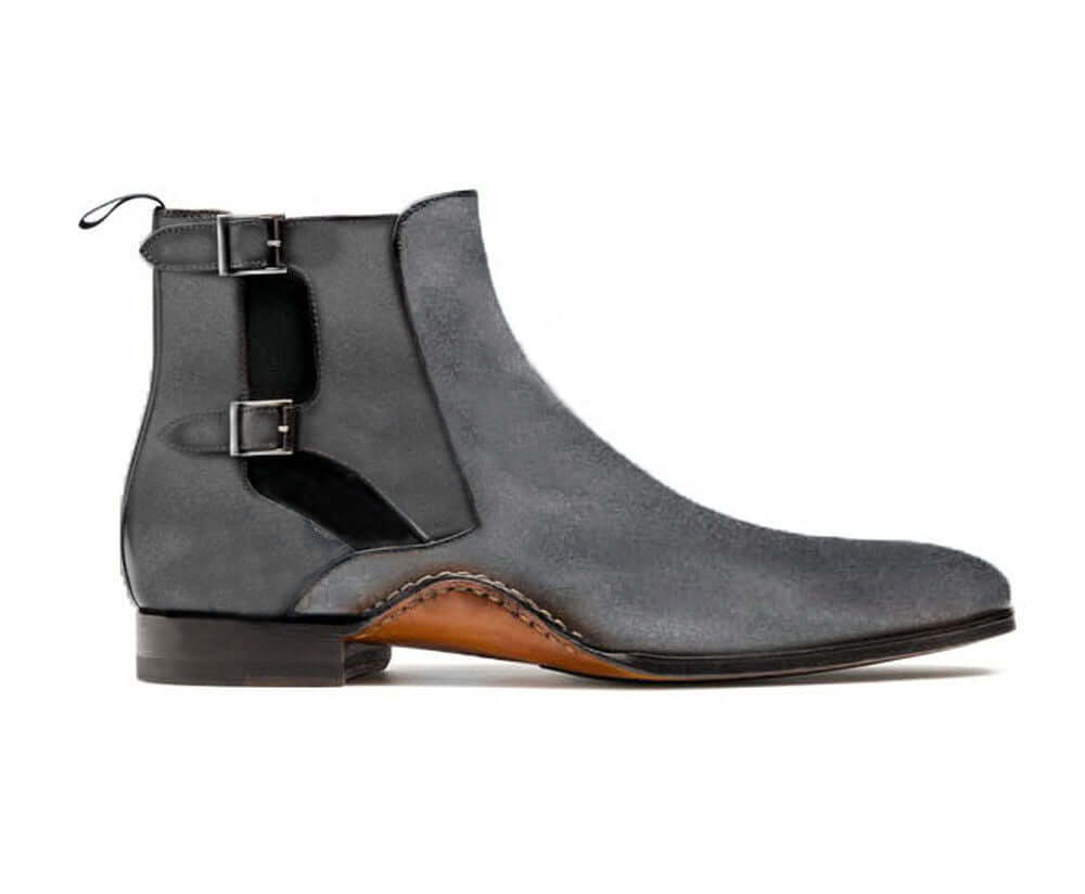 Bespoke Gray Suede Ankle Double Monk Strap Boot - leathersguru