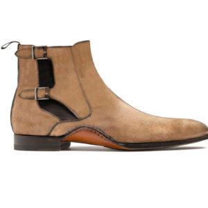 Bespoke Beige Suede Ankle Double Monk Strap Boots - leathersguru
