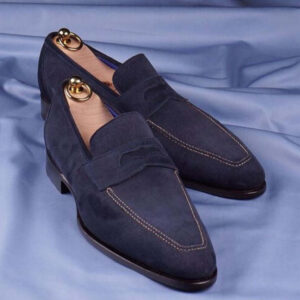 Bespoke Navy Blue Suede Penny Loafer Shoes for Men - leathersguru