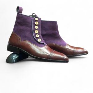 New Ankle Boots Brown & Purple Button Top Cap Toe Leather Suede Boot