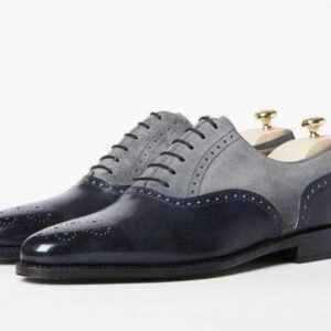 Handmade Gray Black Leather Suede Derby Brogue Shoe - leathersguru