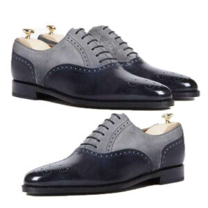 Handmade Gray Black Leather Suede Derby Brogue Shoe - leathersguru