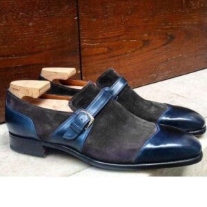 Men's Navy Blue Black Leather Suede Monk Strap Cap Toe Shoes - leathersguru