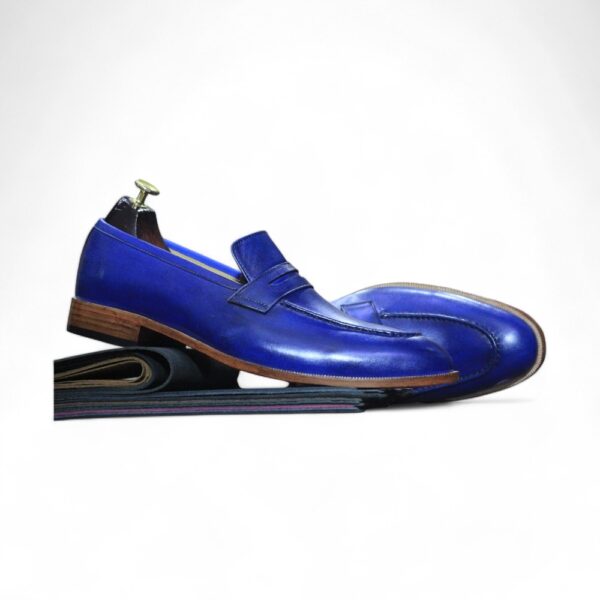 New Handmade Blue Pure Leather Shoes, Penny Loafer Shoes, Men's Round Toe Shoes