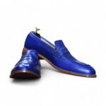 New Handmade Blue Pure Leather Shoes, Penny Loafer Shoes, Men's Round Toe Shoes