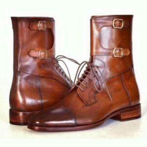 Handmade Tan Double Monk Cap Toe Lace Up Boot - leathersguru
