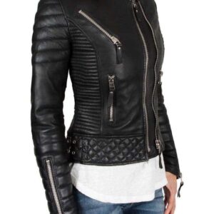 Handmade Leather Skin Women Black Padded Brando Leather Jacket - leathersguru